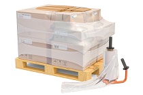 Manual film stretch wrapping machine and wooden pallet with parcels wrapped in the stretch film, 3D rendering